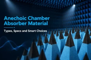 Anechoic chamber absorber material with blue pyramidal RF foam panels inside a test chamber