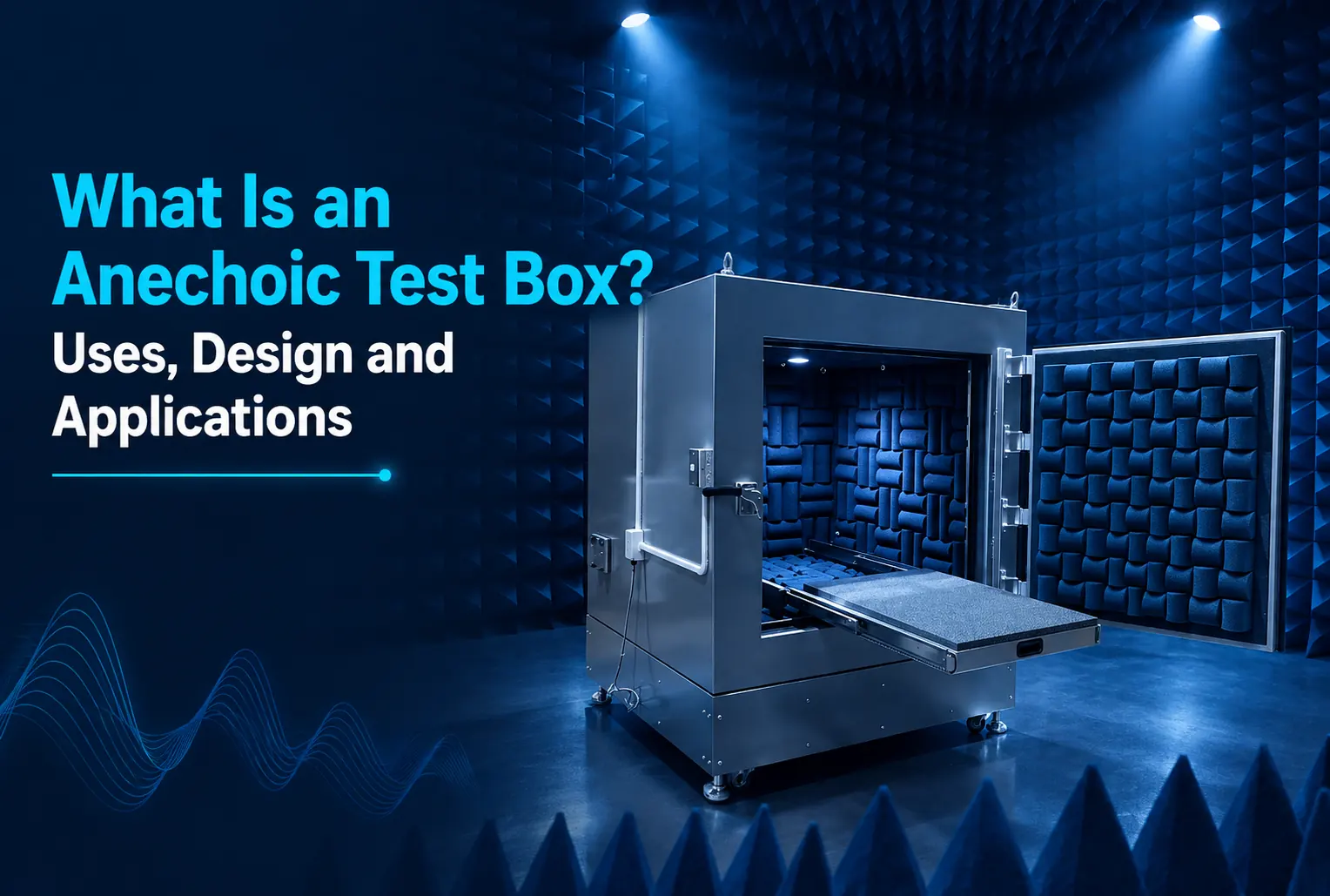 Portable anechoic test box inside a blue RF absorber-lined chamber.